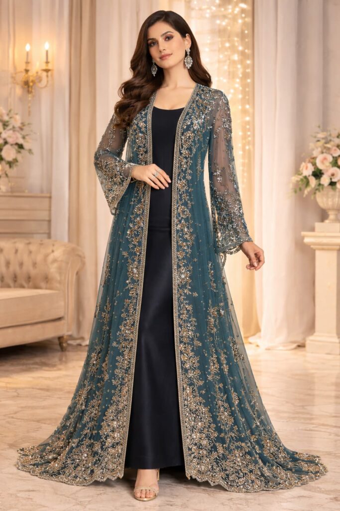 Single model wearing designer long shrug in different color with modern stitching and boutique finish