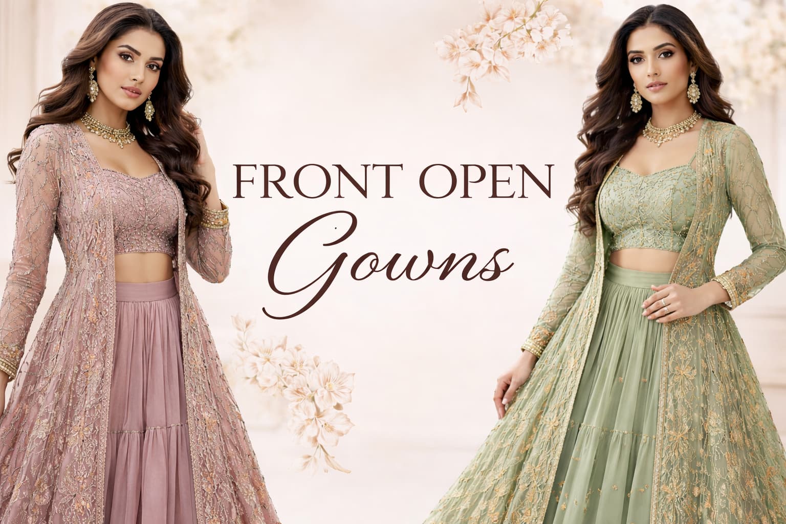 Two models wearing elegant front open gown stitching designs with full length view for boutique or tailoring banner