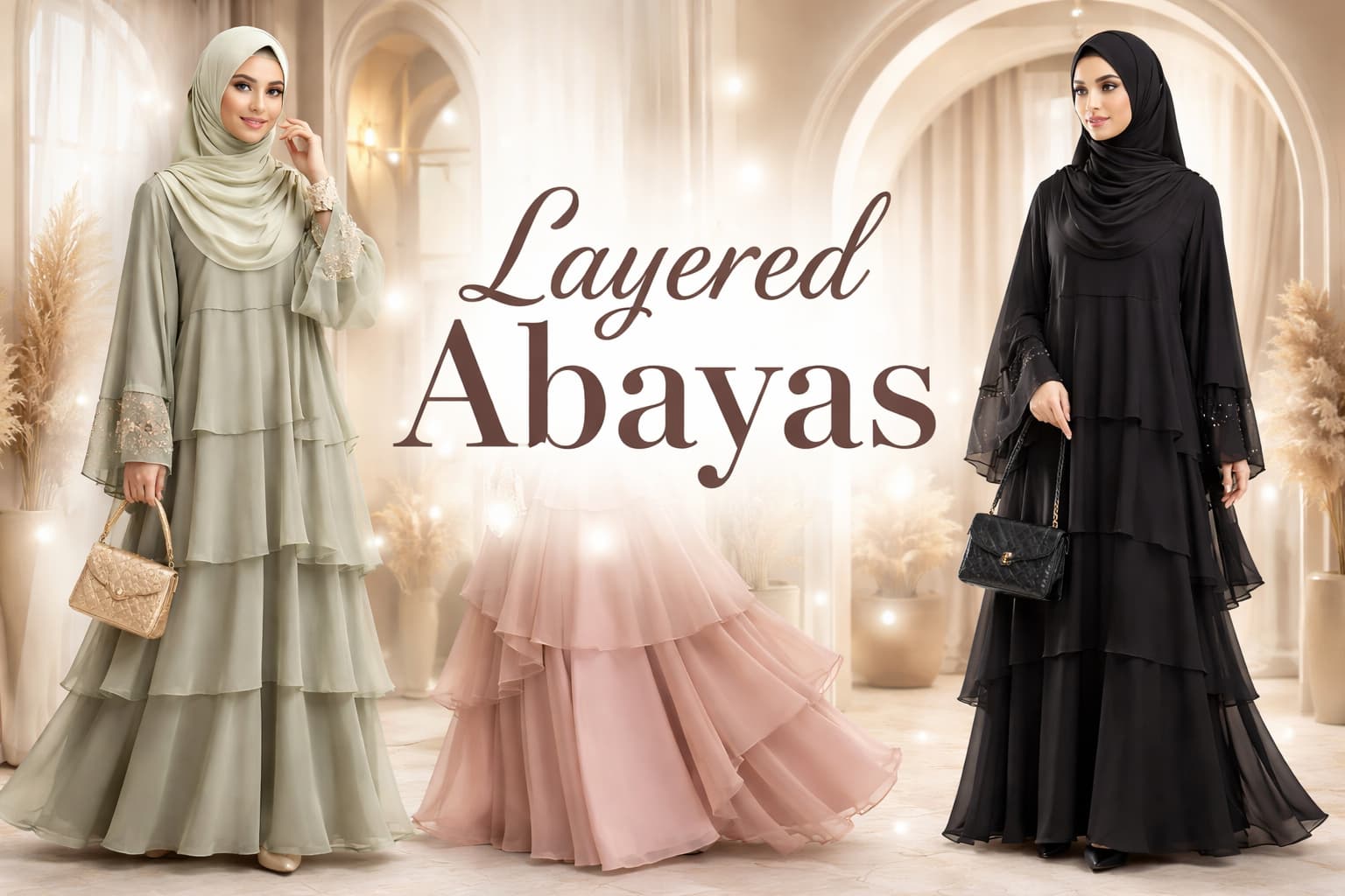 Elegant layered abayas in sage green, blush pink, and black displayed in a 3D professional fashion banner