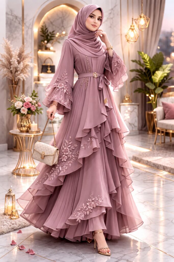 Full length single model wearing luxury navy blue layered abaya with elegant 3D flow design in studio setting