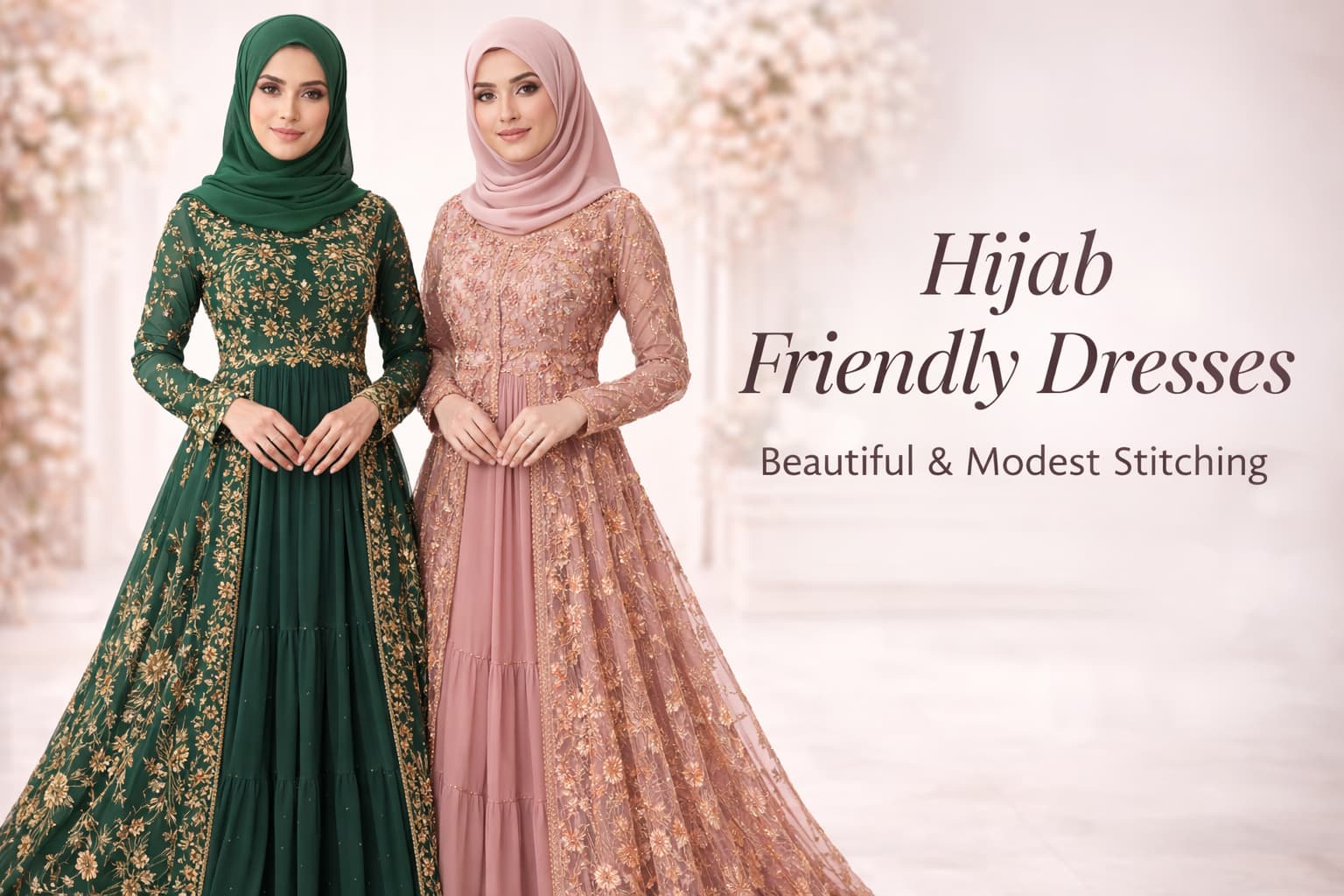 Beautiful hijab friendly modest dresses with embroidery stitching style two models full banner image.