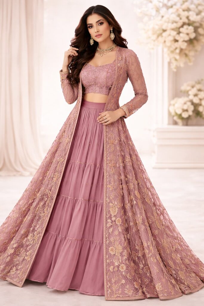 Single model wearing pink front open gown with embroidered stitching design full length view