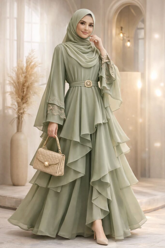 Single model wearing sage green layered abaya with hijab in elegant 3D professional studio setting