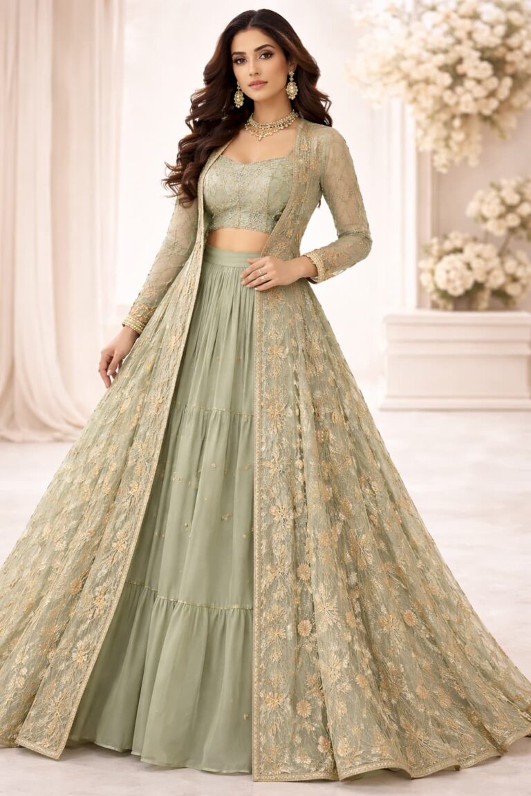 Single model wearing elegant front open gown with embroidery stitching design full length view