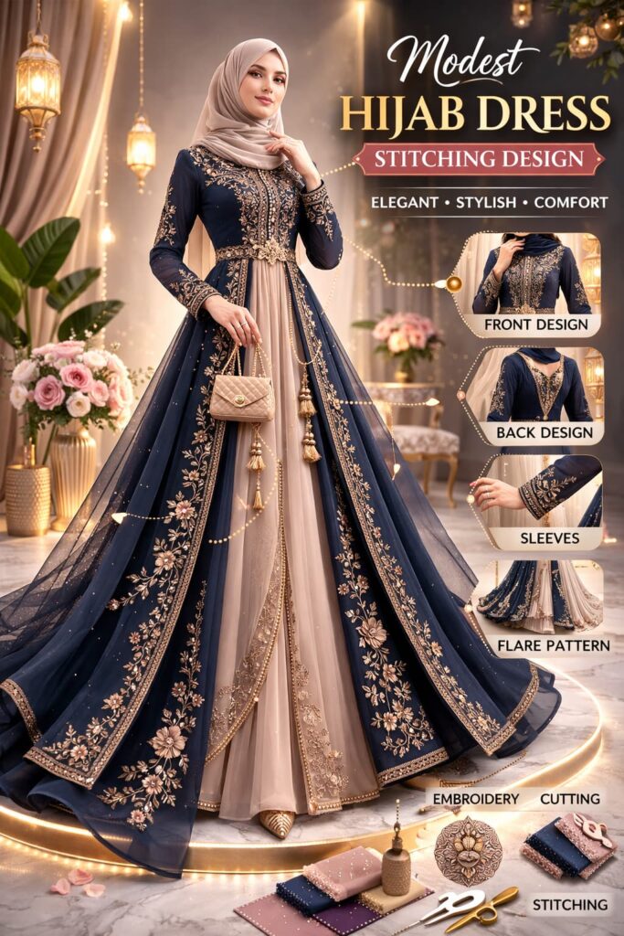 Single model wearing a full-length front open gown with elegant embroidery and modest hijab fashion style, full view dress design