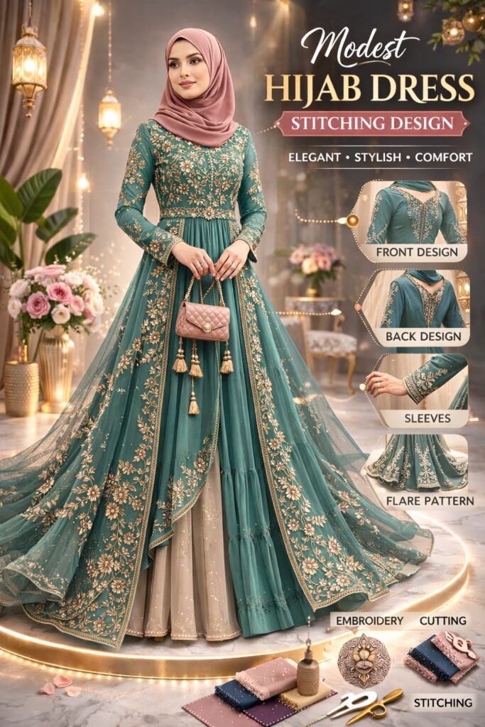 Full length model wearing teal color modest hijab dress with embroidery stitching design and flare pattern