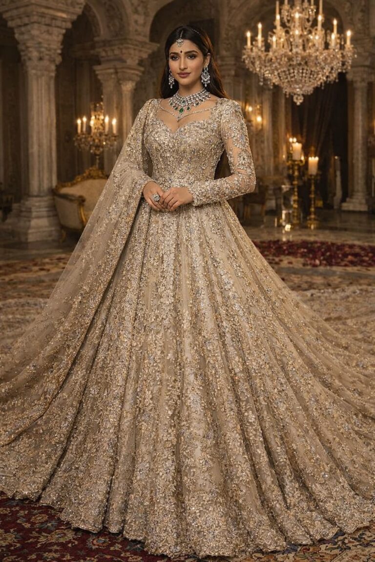 Champagne bridal Anarkali gown with heavy embroidery full length view