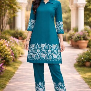 Woman wearing teal floral kurta pant set standing in elegant arch garden background