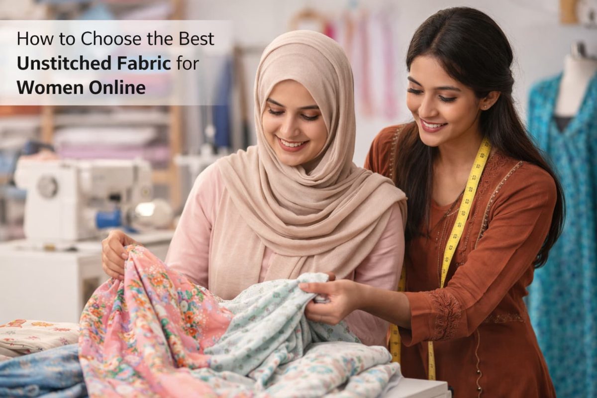 Women choosing unstitched fabric for stitching and online shopping guide